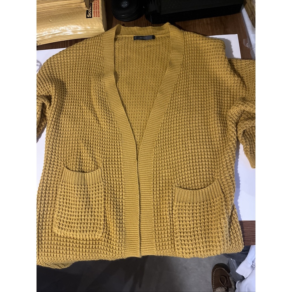 Zesica Cardigan Womens Medium Sweater Pockets Waffle Knit Cozy Yellow Open Front